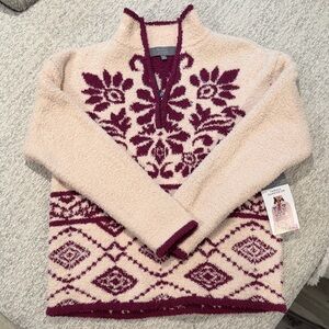 Elegant Floral Cowl Neck Sweater - Cream and Burgundy